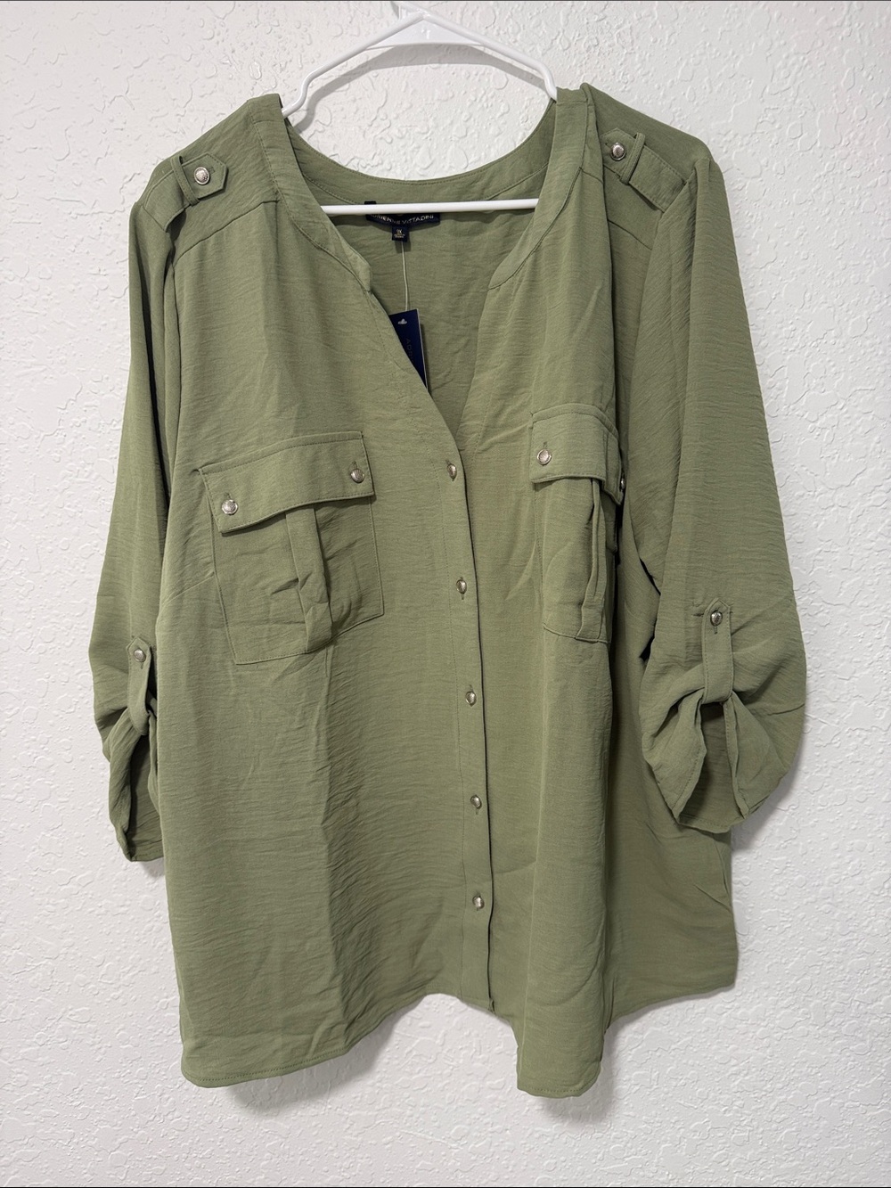 NWOT ADRIENNE VITTADINI Olive Green Women's Button-Front Utility Shirt Size 3X